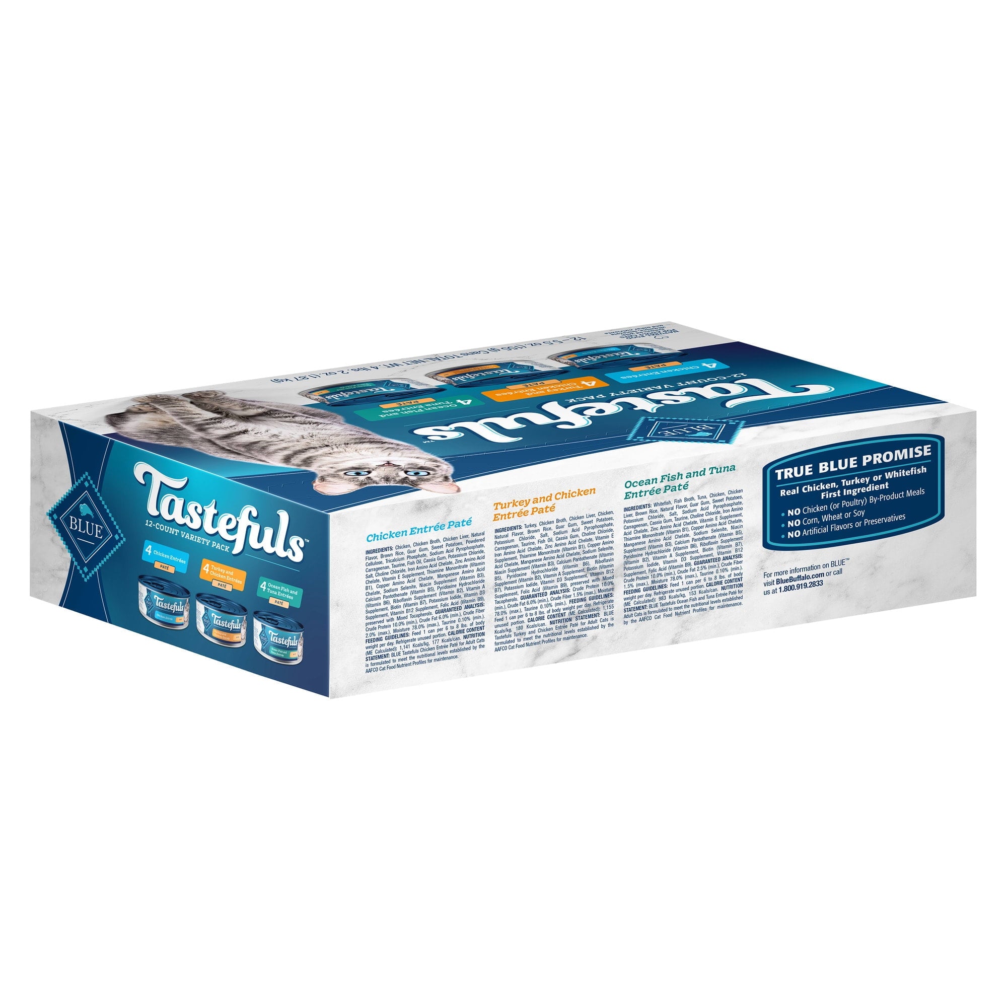 Blue Buffalo Tastefuls Chicken, Turkey & Chicken & Ocean Fish & Tuna Entr ©es Variety Pack Pate Wet Cat Food, 5.5-oz Can, Case of 12 (Pack of 2)