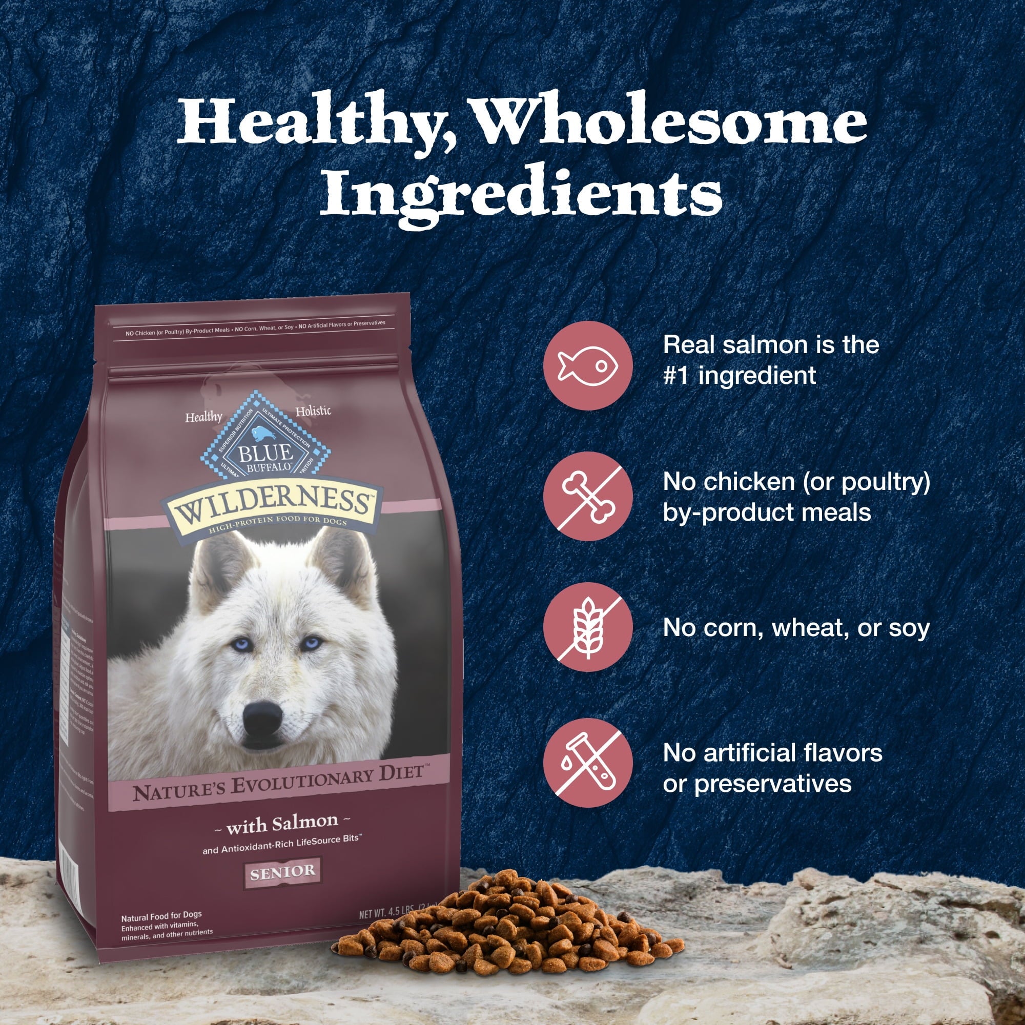 Blue Buffalo Wilderness High-Protein Natural Dry Food for Senior Dogs, Salmon Recipe, 4.5-lb. Bag
