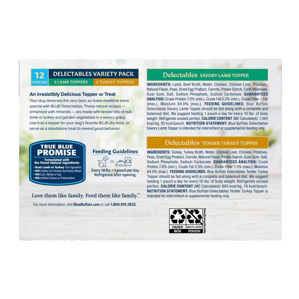 Blue Buffalo Delectables Natural Wet Dog Food Topper Variety Pack, Lamb & Turkey Dinner 3oz (12 Pack - 6 of Each Flavor)