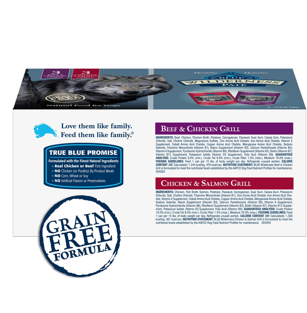 Blue Buffalo Wilderness High Protein Beef and Chicken & Salmon and Chicken Wet Dog Food Variety Pack for Adult Dogs, Grain-Free, 12.5 oz Cans (6 Pack)