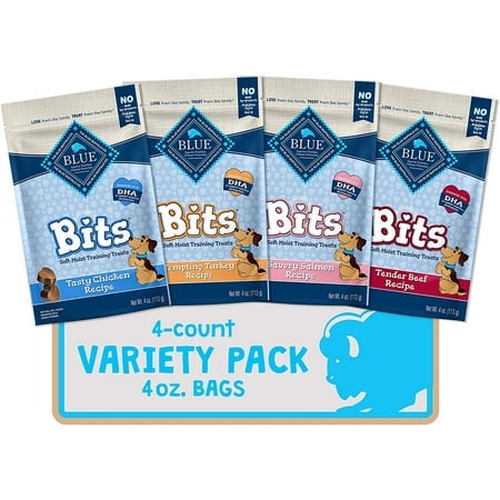 Blue Buffalo Blue Bits Natural Soft-Moist Training Dog Treats, Beef, Salmon, Turkey, and Chicken Recipes 4-oz Variety Pack, 4ct