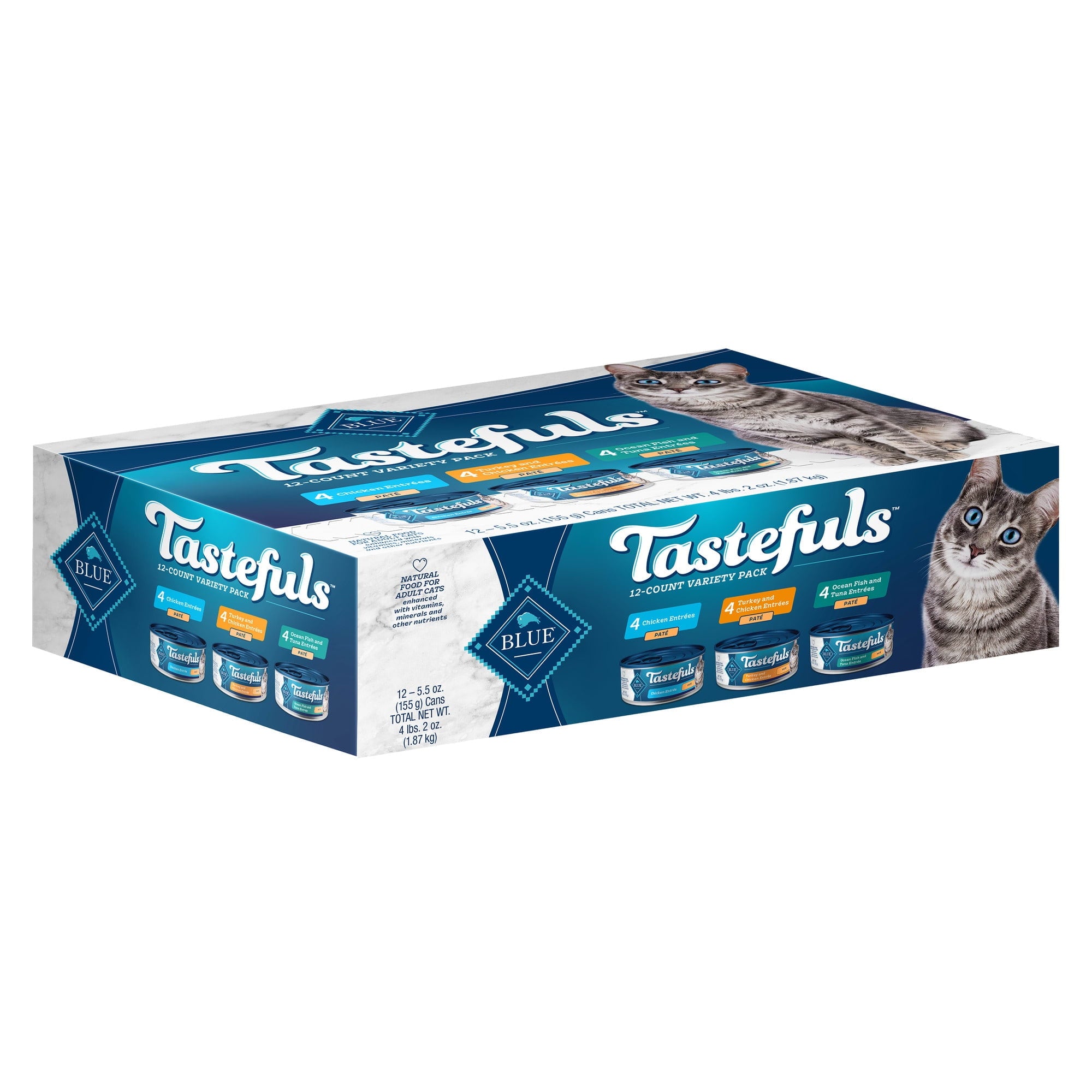 Blue Buffalo Tastefuls Chicken, Turkey & Chicken & Ocean Fish & Tuna Entr ©es Variety Pack Pate Wet Cat Food, 5.5-oz Can, Case of 12 (Pack of 2)
