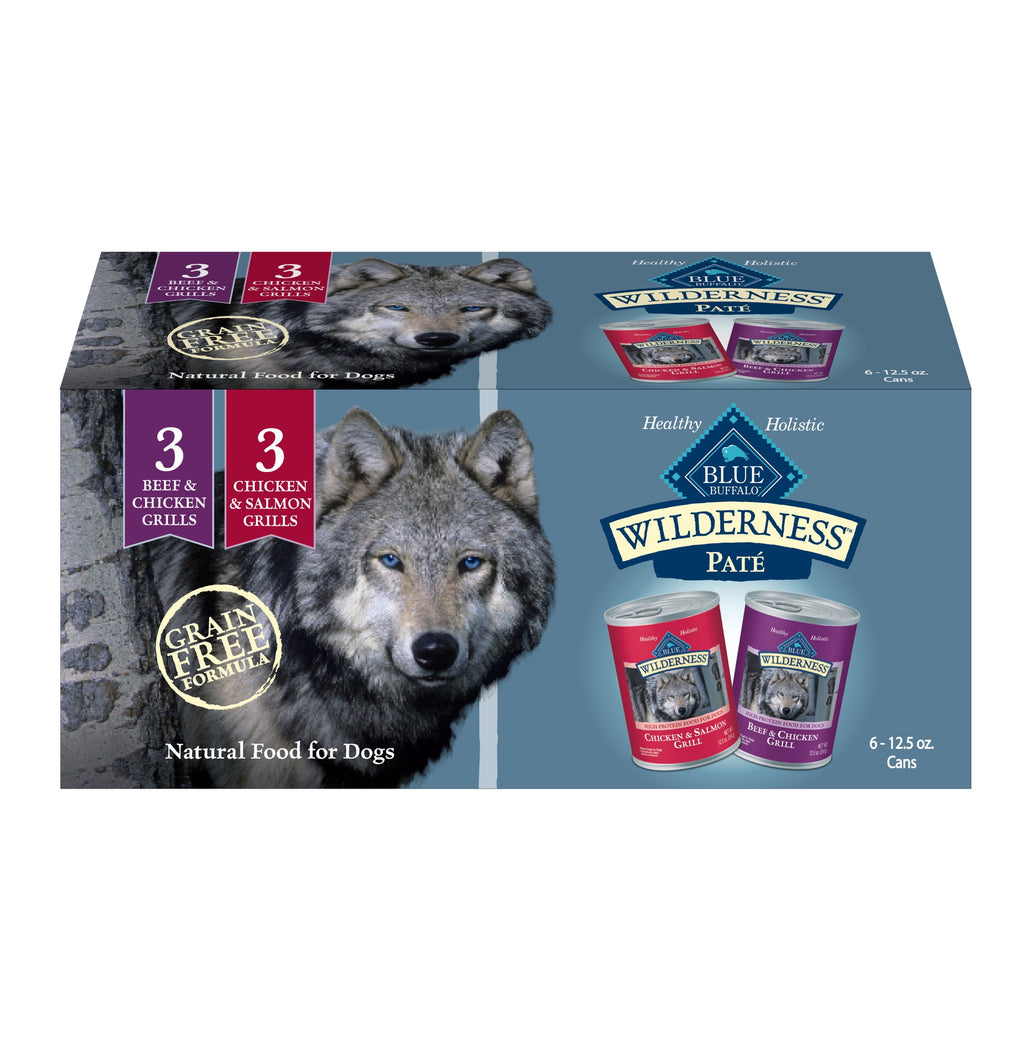 Blue Buffalo Wilderness High Protein Beef and Chicken & Salmon and Chicken Wet Dog Food Variety Pack for Adult Dogs, Grain-Free, 12.5 oz Cans (6 Pack)