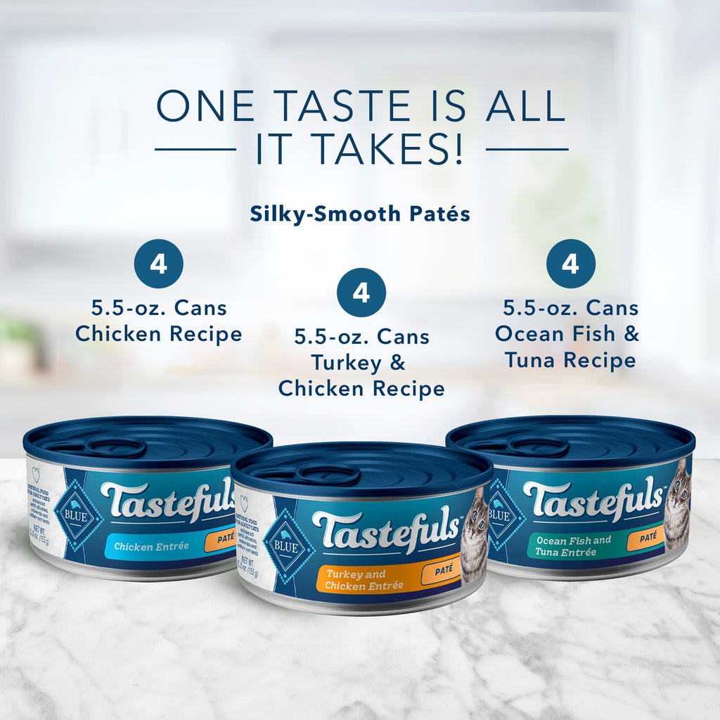 Blue Buffalo Tastefuls Chicken, Turkey & Chicken & Ocean Fish & Tuna Entr ©es Variety Pack Pate Wet Cat Food, 5.5-oz Can, Case of 12 (Pack of 2)