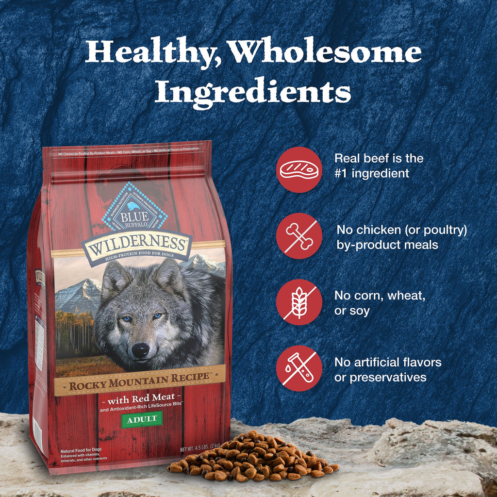Blue Buffalo Wilderness Rocky Mountain Recipe High Protein Large Breed Adult Dry Dog Food, Natural Ingredients Plus Wholesome Grains, Red Meat, 22 lb. Bag